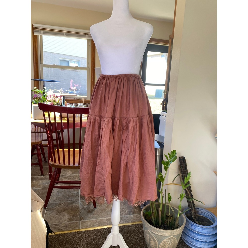 Vintage Y2K Lace Trim‎ Pleated A Line Brown Midi Skirt Medium Boho Western Femme - Picture 2 of 6